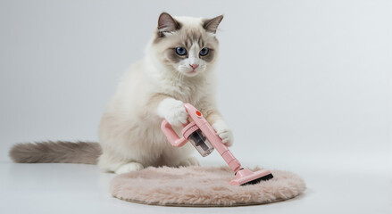 Funny Ragdoll cat cleaning a pink rug with a toy vacuum cleaner. Cute kitten doing household chores on a white background