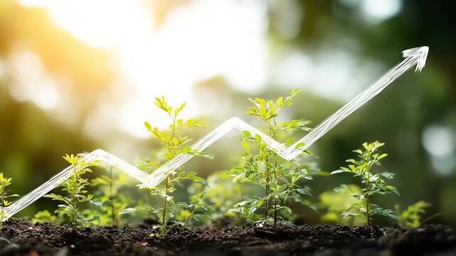 Small green plants grow in soil with a white, sketched growth arrow pointing upward