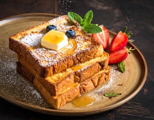 Stacked french toast with syrup, butter, blueberries, and strawberries
