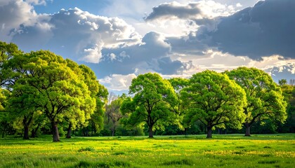Lush green trees bathed in sunlight under a dramatic, cloudy sky