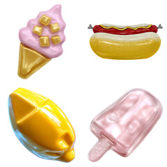 Fototapeta premium four tempting food icons featuring a sweet ice cream cone a savory hot dog a bright yellow lemon and a refreshing pink popsicle on a simple backdrop for any isolated on transparent background