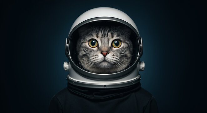 Portrait of a cute tabby cat wearing an astronaut helmet. Funny pet cosmonaut looking at the camera. Surreal space exploration and animal concept