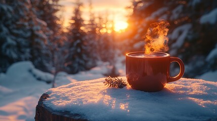 Warm cup of steaming drink on snowy stump, winter sunset