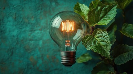 Warm light bulb surrounded by vibrant leaves on teal background