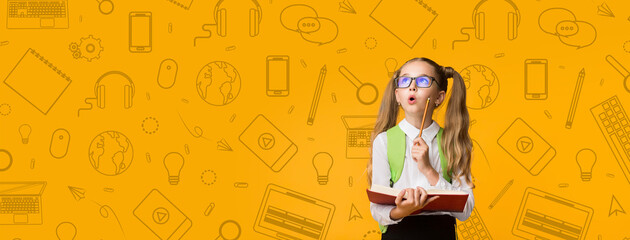 A child with glasses stands thoughtfully holding a pencil and a book. The background features colorful school supplies and learning icons, creating an educational atmosphere.