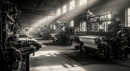 Vintage textile factory interior with antique loom machines and sunlight