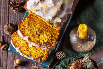 Pumpkin cake with chocolate and icing, prepared for a Halloween party.
