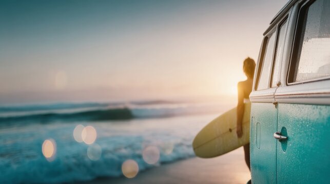 Surfer preparing for sunset session at the beach with vintage van nearby - Powered by Adobe