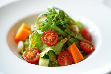 Fresh garden salad with cherry tomatoes and mixed greens on white plate