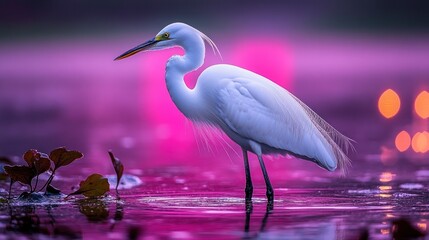 Fototapeta premium White egret in vibrant pink sunset