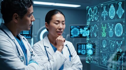Doctors Examining Futuristic Medical Scans on Interactive Display. - Powered by Adobe