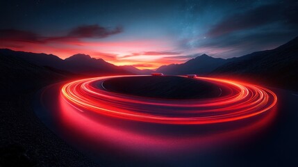 Fototapeta premium Winding road at sunset, with light trails