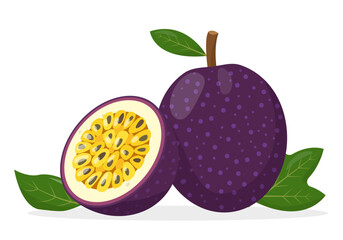 Passion fruit. Whole passion fruit with leaf and half. Organic tropical exotic fresh fruit food. Vector illustration isolated on white background.