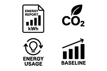 Energy report icons: kwh, co2, usage, baseline graphs for efficiency