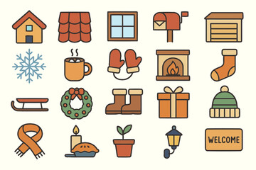Winter icons: home, snowflake, mittens, fireplace, gift, candle, cozy winter elements