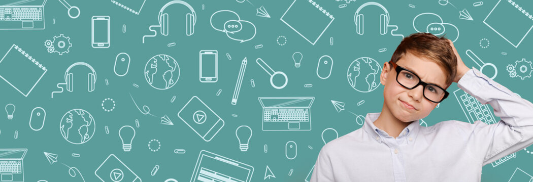 A child with glasses stands in a school environment, looking curious and thoughtful. Educational elements fill the background, enhancing the learning theme and atmosphere.