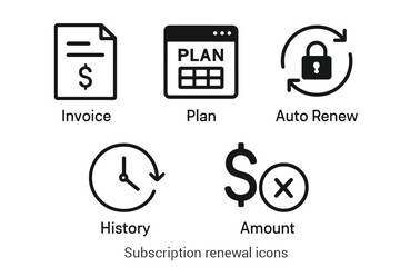 Subscription renewal icons: invoice, plan, auto renew, history, amount symbols