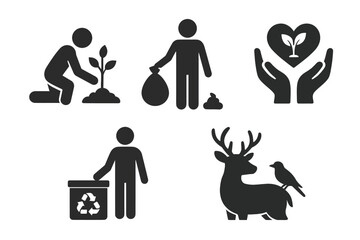 Environmental conservation icons: planting, recycling, wildlife, sustainability symbols