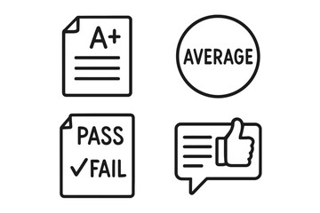 Icons of academic success: a+ grade, average circle, pass/fail sheet, thumbs up