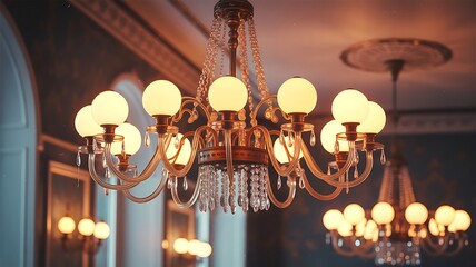 Ornate golden chandelier with glowing white globes and crystal drops in a dimly lit room light