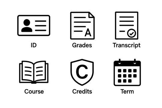Educational icons set: id, grades, transcript, course, credits, term