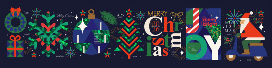 Merry Christmas and Happy New Year! Vector modern geometric abstract illustrations of Santa Claus, Christmas tree, ball, snowflake, wreath, joy, gift box, typography for icons, card, banner