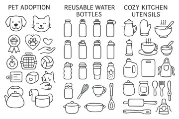 Pet adoption essentials, reusable water bottles, and cozy kitchen utensils
