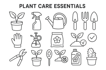 Outline icons of plant care essentials: tools, watering, pruning, fertilizing, gardening