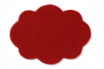 Red felt speech bubble cutout with wavy scalloped edge on transparent background, showing copy space for messages