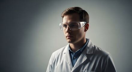 Obraz premium A determined man in a scientist's uniform, wearing safety glasses and a white lab coat, appears deep in thought, ready for laboratory work