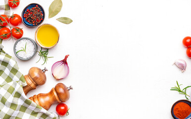 Food background, spices and herbs, ingredients for healthy eating and cooking, white copy space, top view