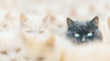 Unique black cat stands out among a crowd of white cats in a sunny setting