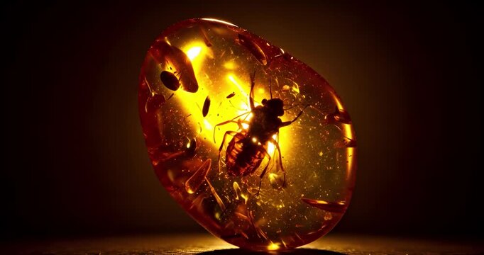 Ancient amber specimen with insect inclusion macro close up