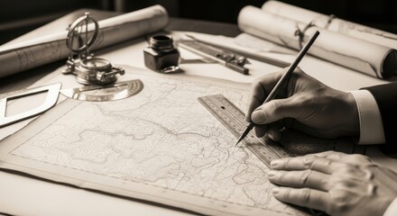 Caucasian male engineer drafting topographic map with compass and tools