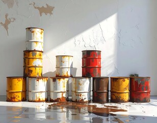 Stacked rusted barrels of various colors against a stark white wall