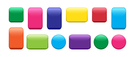 Glossy button icon, colorful web shiny badge. Push glass label, round pin magnet. Empty bright website button set circle, square and rectangle shape isolated on white background. Vector illustration
