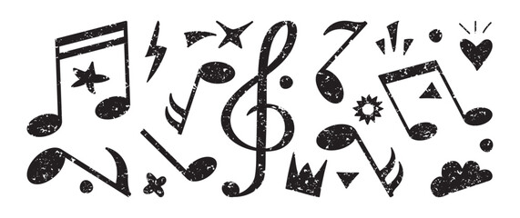 Music note crayon, shape brush hand drawn, melody chalk pencil, sound kid doodle symbol grunge texture. Pastel art scribble black set isolated on white bg. Retro charcoal sign. Vector illustration