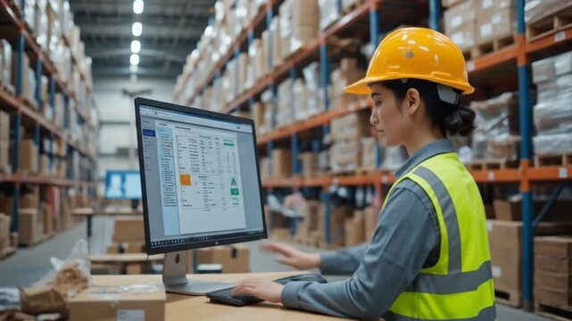 Professional Female Worker Wearing Helmet Using Computer with Software Checking Inventory and Shipping Status in Retail Warehouse Full of Shelves. 4k video