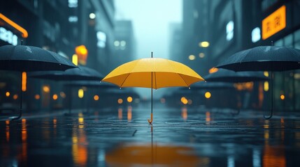 Yellow umbrella stands out in a city street