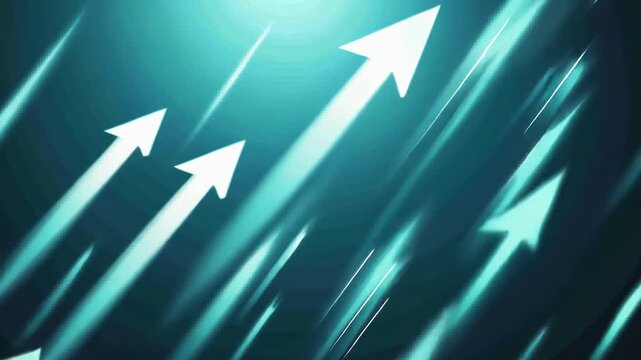 Teal background with ascending glowing white arrows and bright linear accents