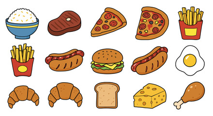 Cute hand-drawn cartoon food icons in doodle vector style featuring rice, steak, pizza, fries, burger, egg, and more, outlined in black on a white background.