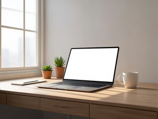 Minimal desk setup with laptop, mug, plants, and natural light