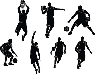 Basketball silhouettes, player action poses, slam dunk, dribbling skills, shooting stance, athletic movement © MD