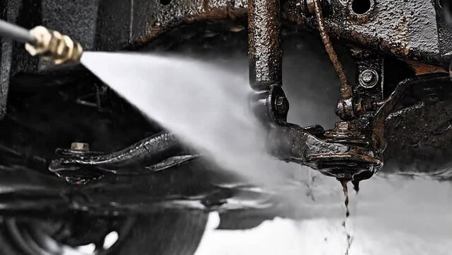 Car Cleaning High-Pressure Water Spray on Vehicle Components