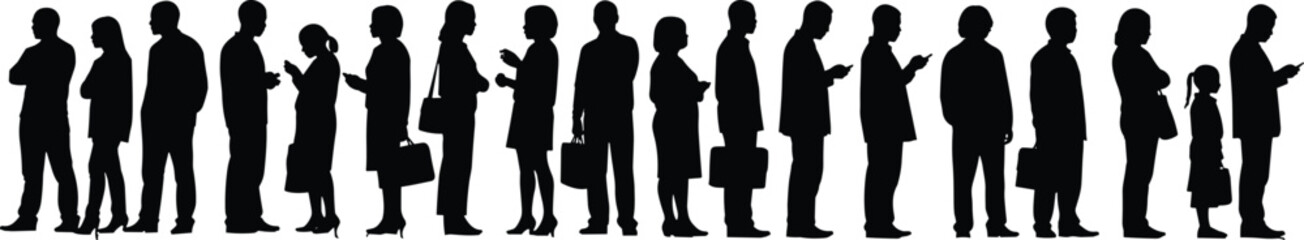 People silhouette vector, mobile phone users illustration, technology lifestyle artwork, waiting line design, modern communication clipart, digital society graphic