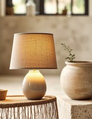 Cozy ceramic lamp on woven table with warm ambient light