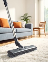 Vacuum cleaner on a light living room carpet during cleaning