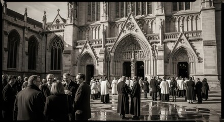 Naklejka premium Caucasian adults gather outside historic cathedral in formal attire for ceremony
