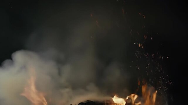 Flames dance and sparks fly in a captivating display of fire, casting an ominous glow against the dark backdrop, evoking a sense of primal energy and dramatic intensity
