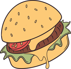 Cartoon Style Hamburger with Golden Bun Tomato Cheese and Lettuce on a Light Pink Background